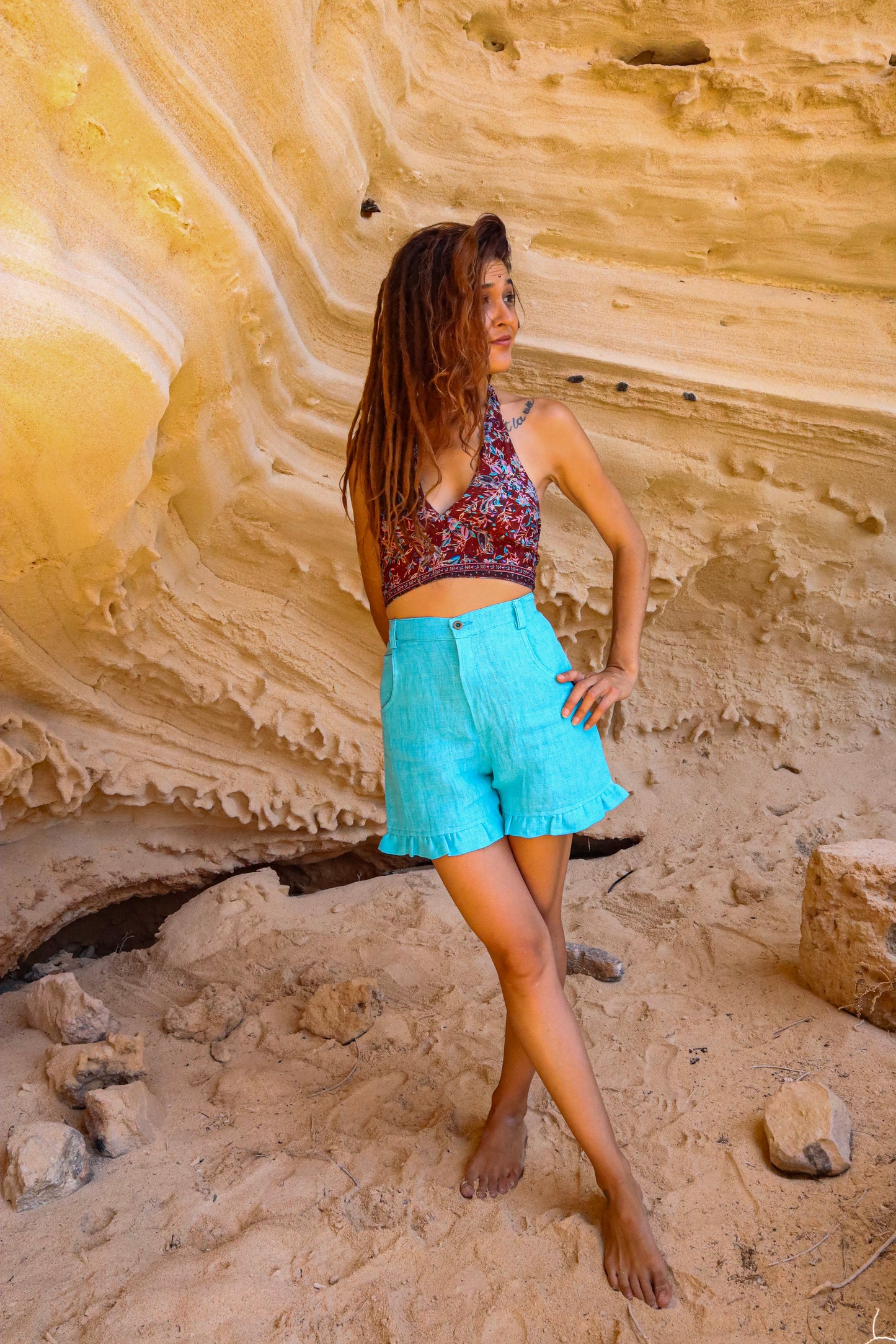 Pantalón Vikesh Azul Celeste corto lino