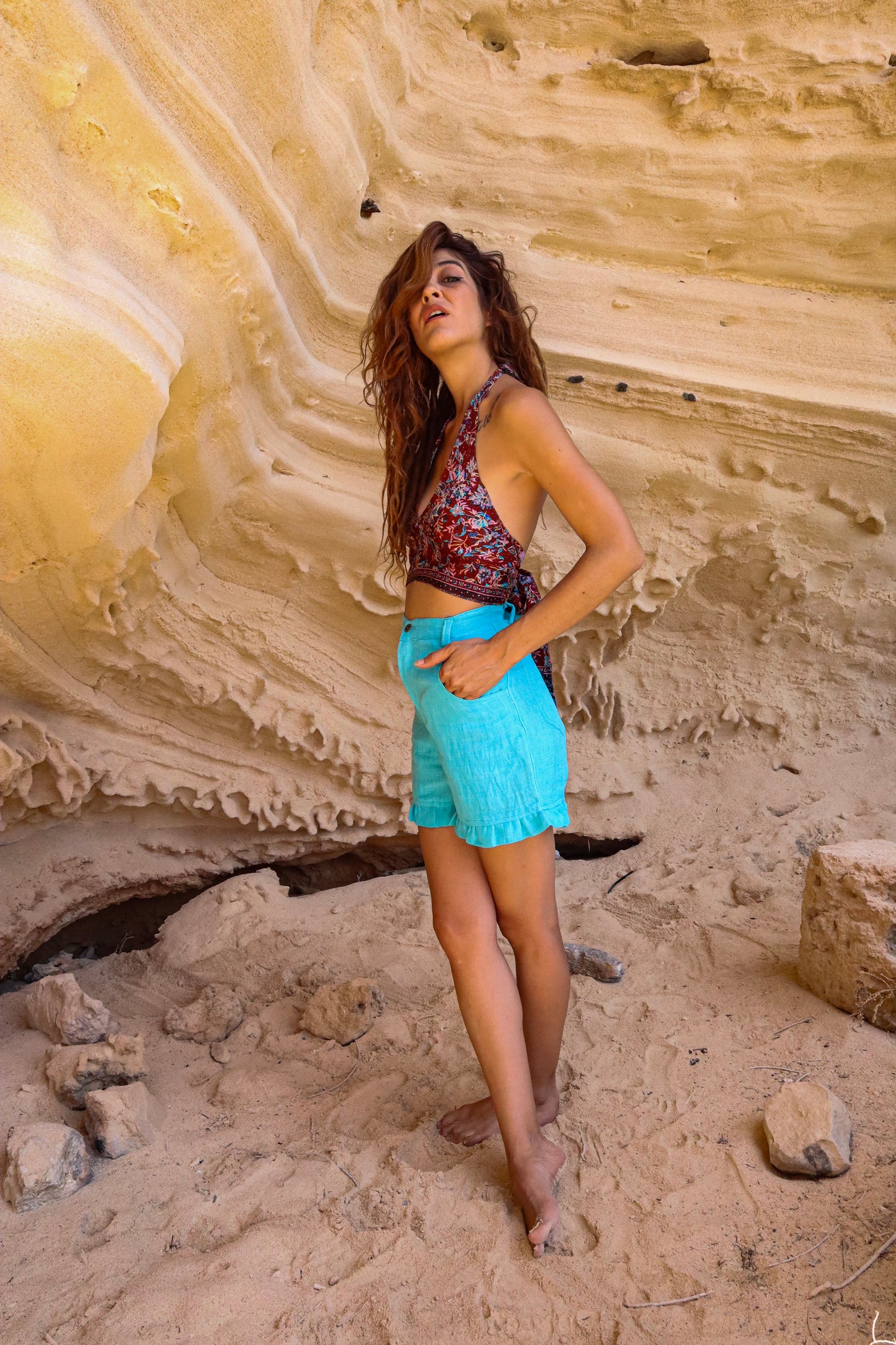 Pantalón Vikesh Azul Celeste corto lino