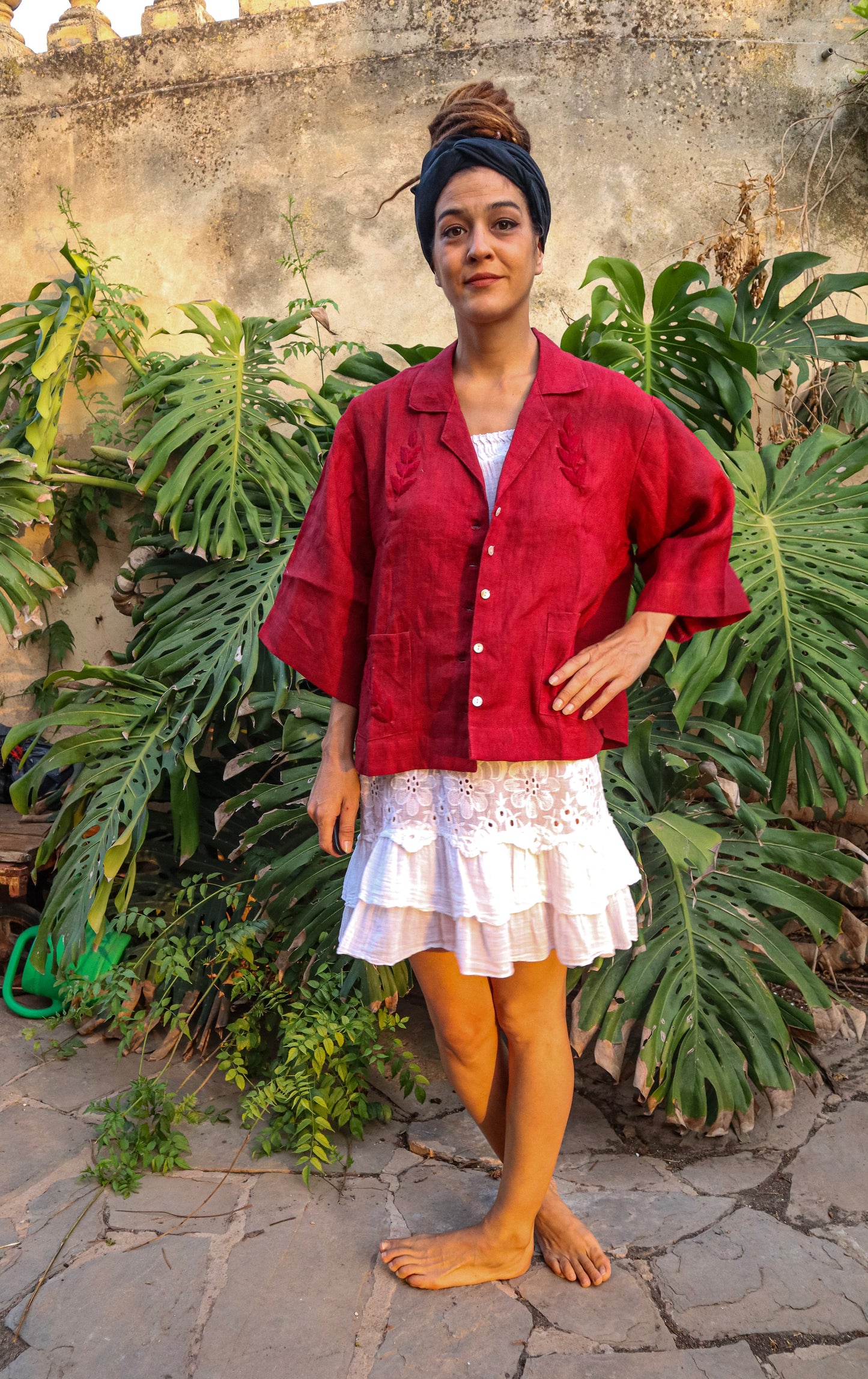 Chaqueta Lino con bordado Roja