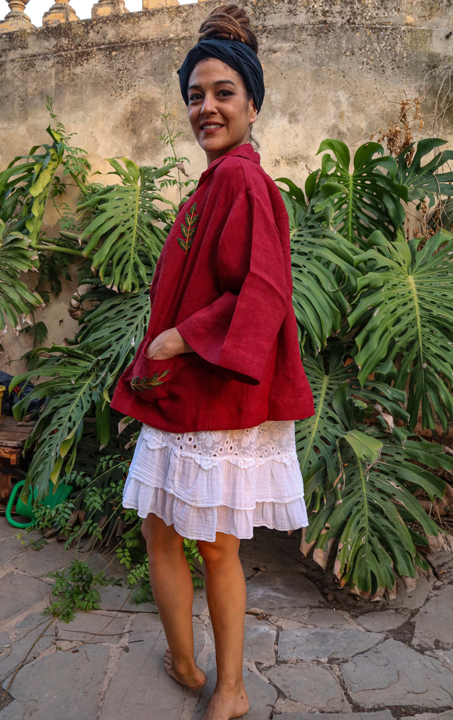 Chaqueta Lino con bordado Roja