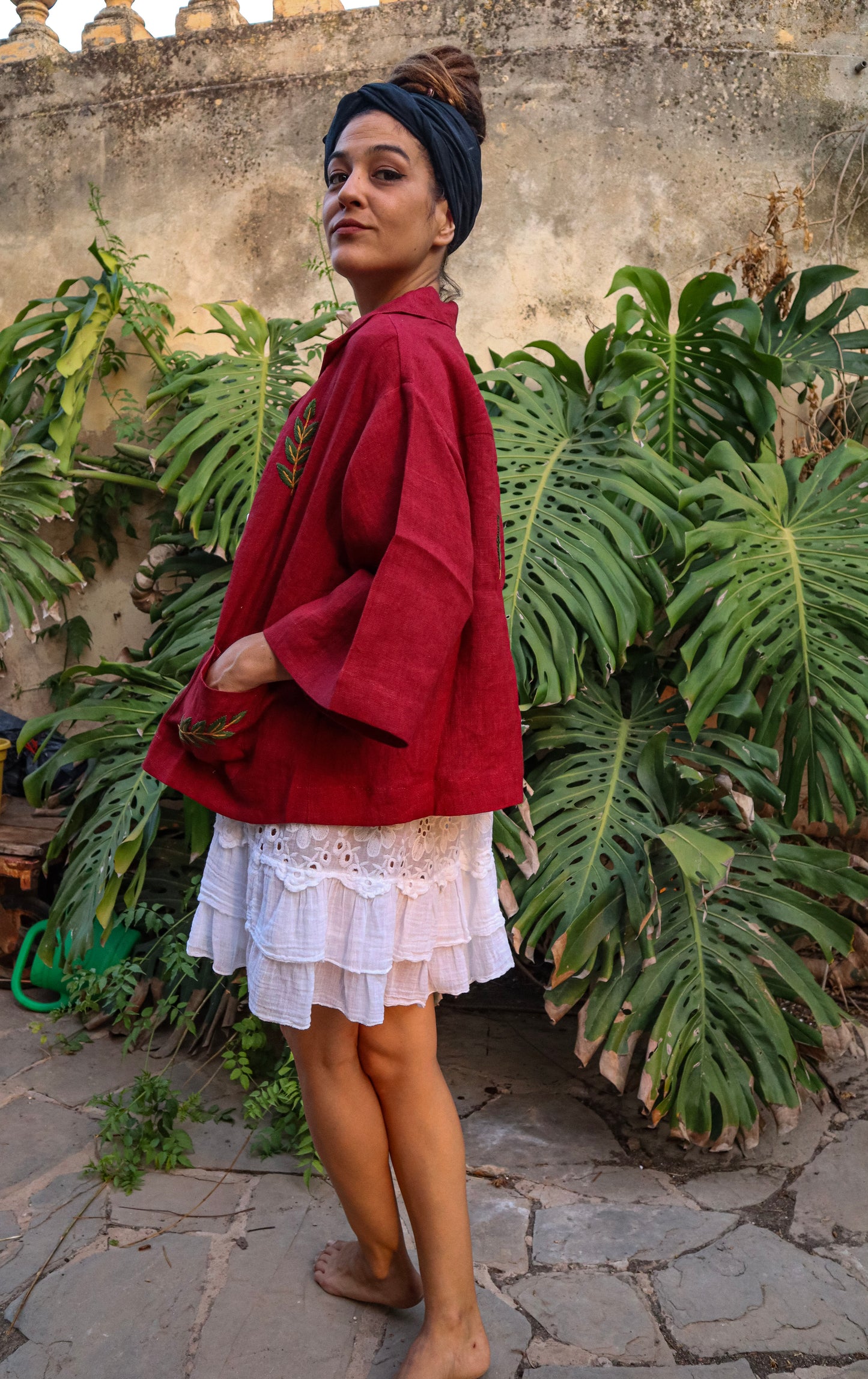 Chaqueta Lino con bordado Roja