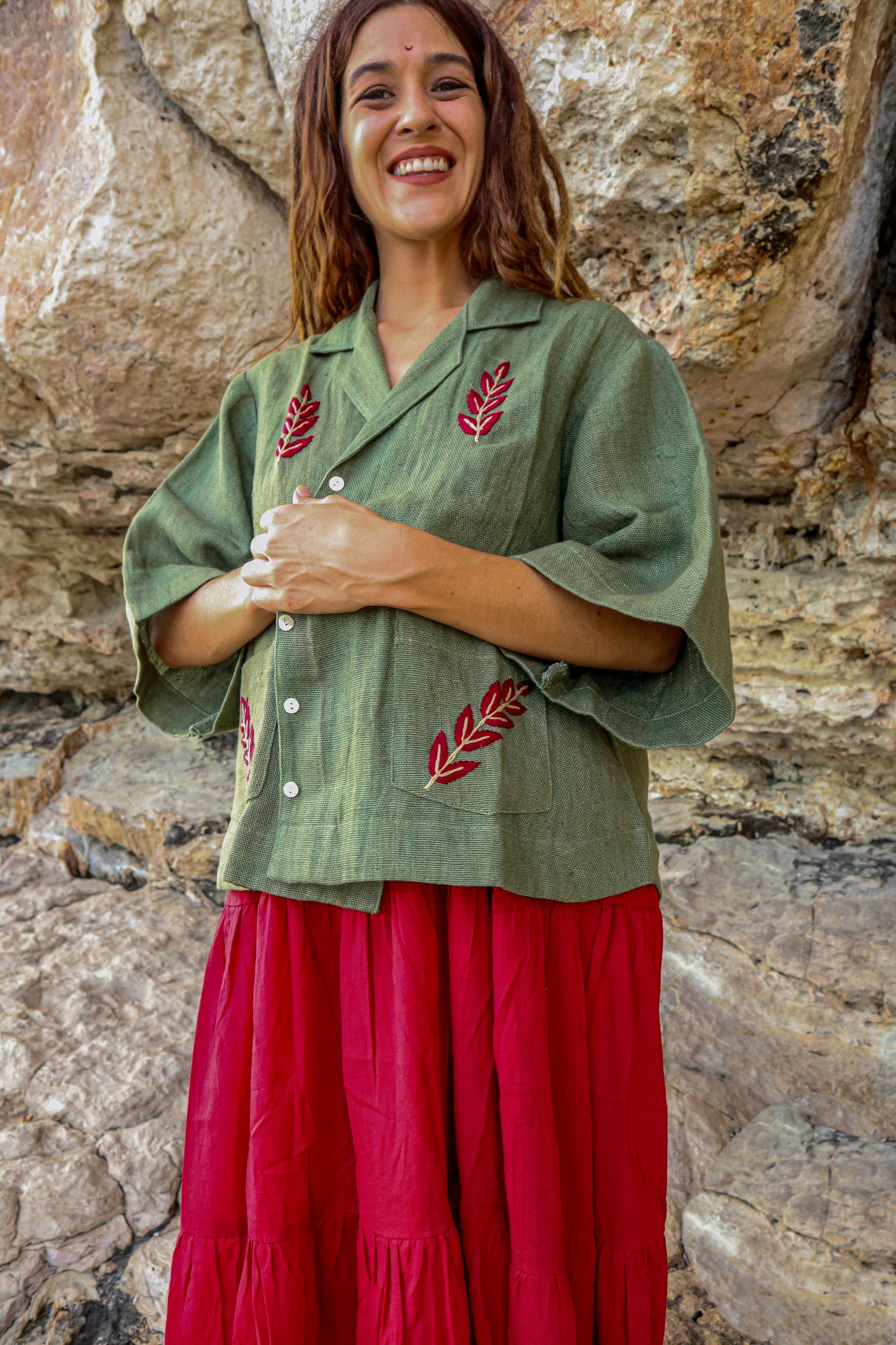 Chaqueta Lino con bordado Rojo