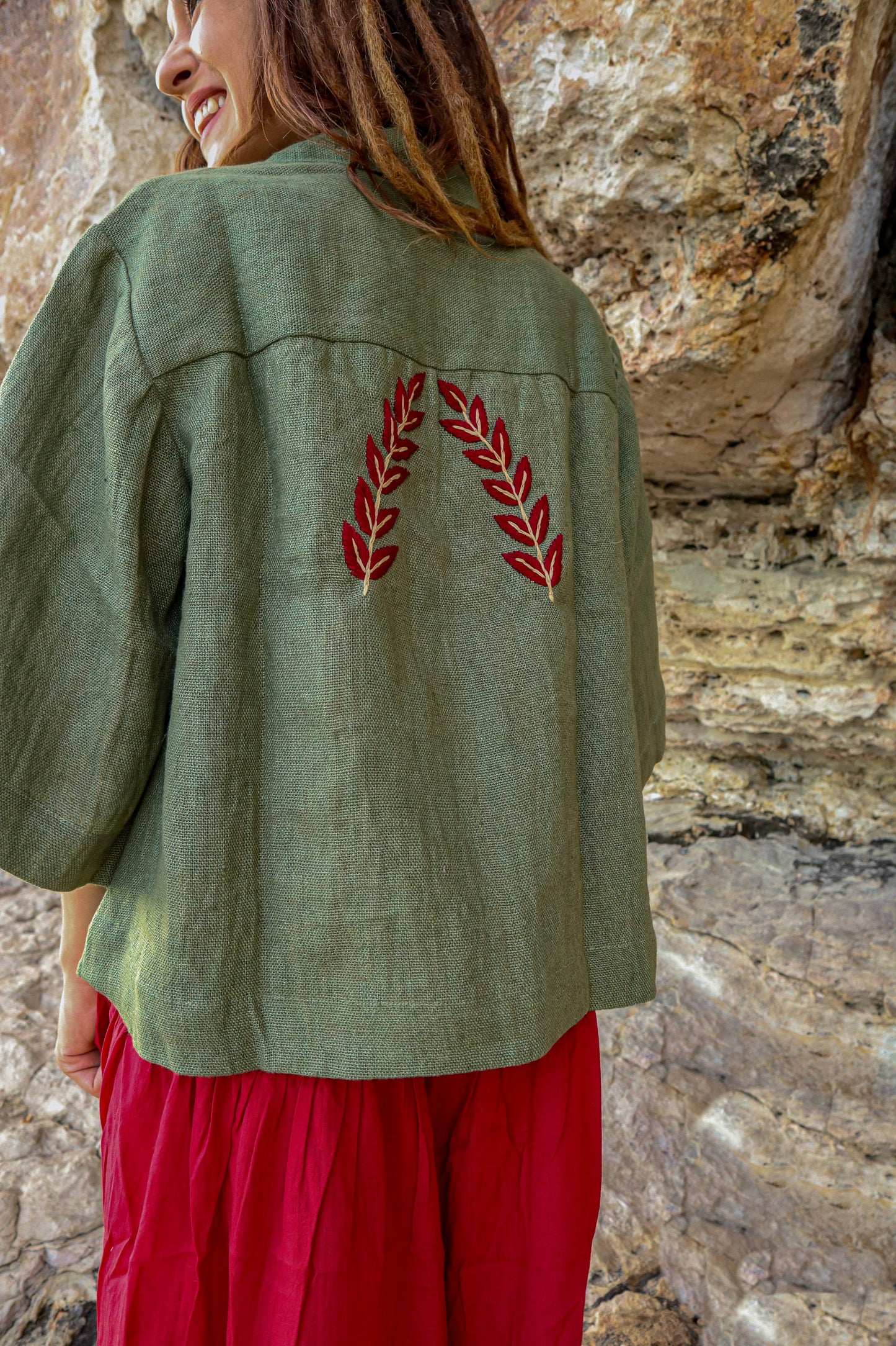 Chaqueta Lino con bordado Rojo