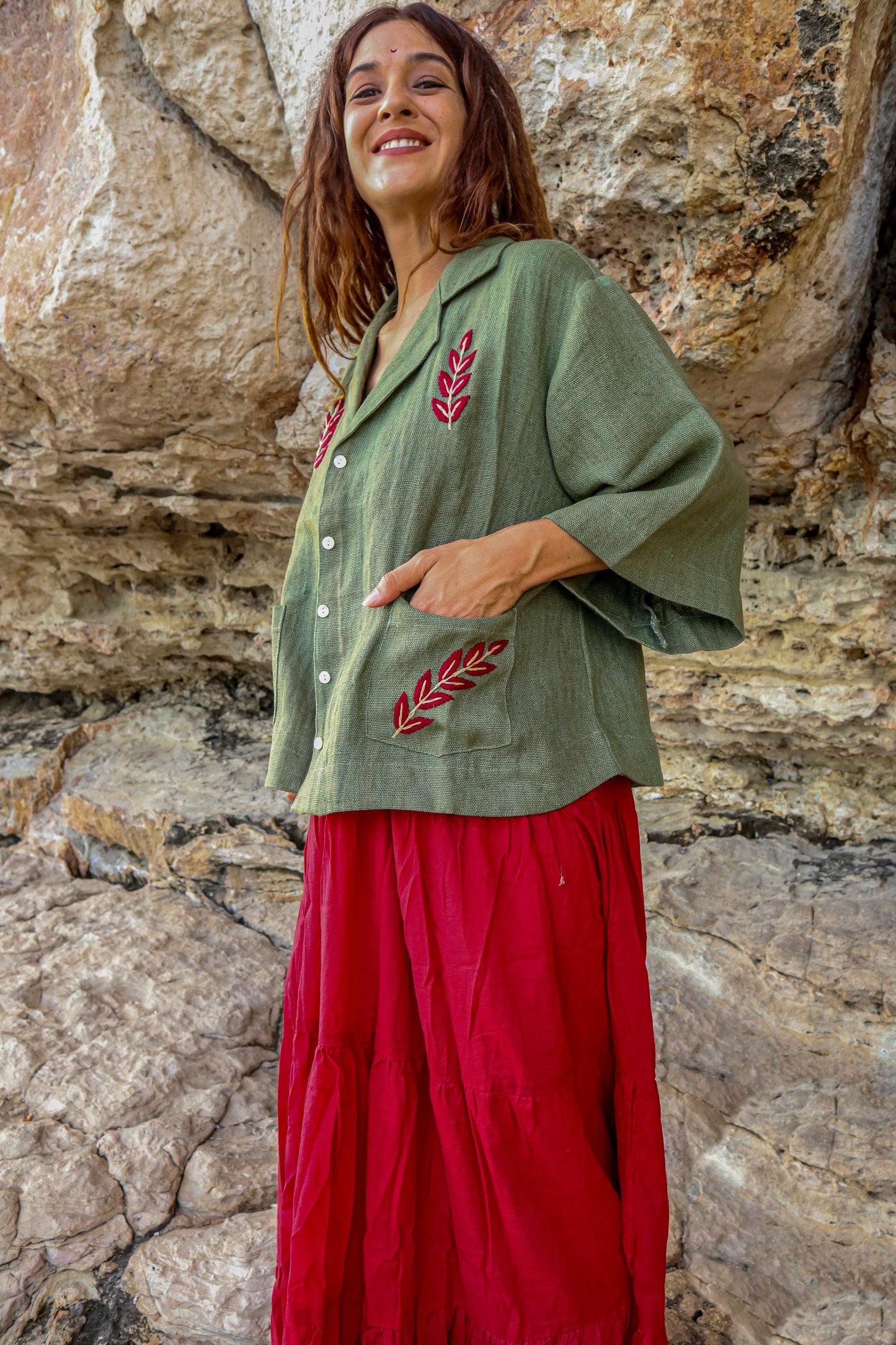 Chaqueta Lino con bordado Rojo