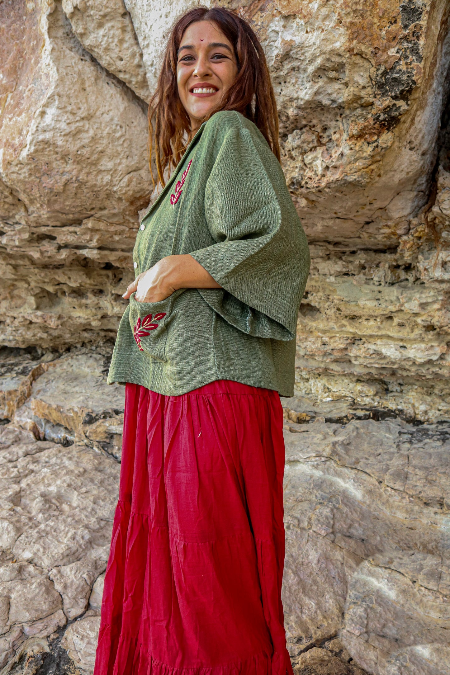 Chaqueta Lino con bordado Rojo