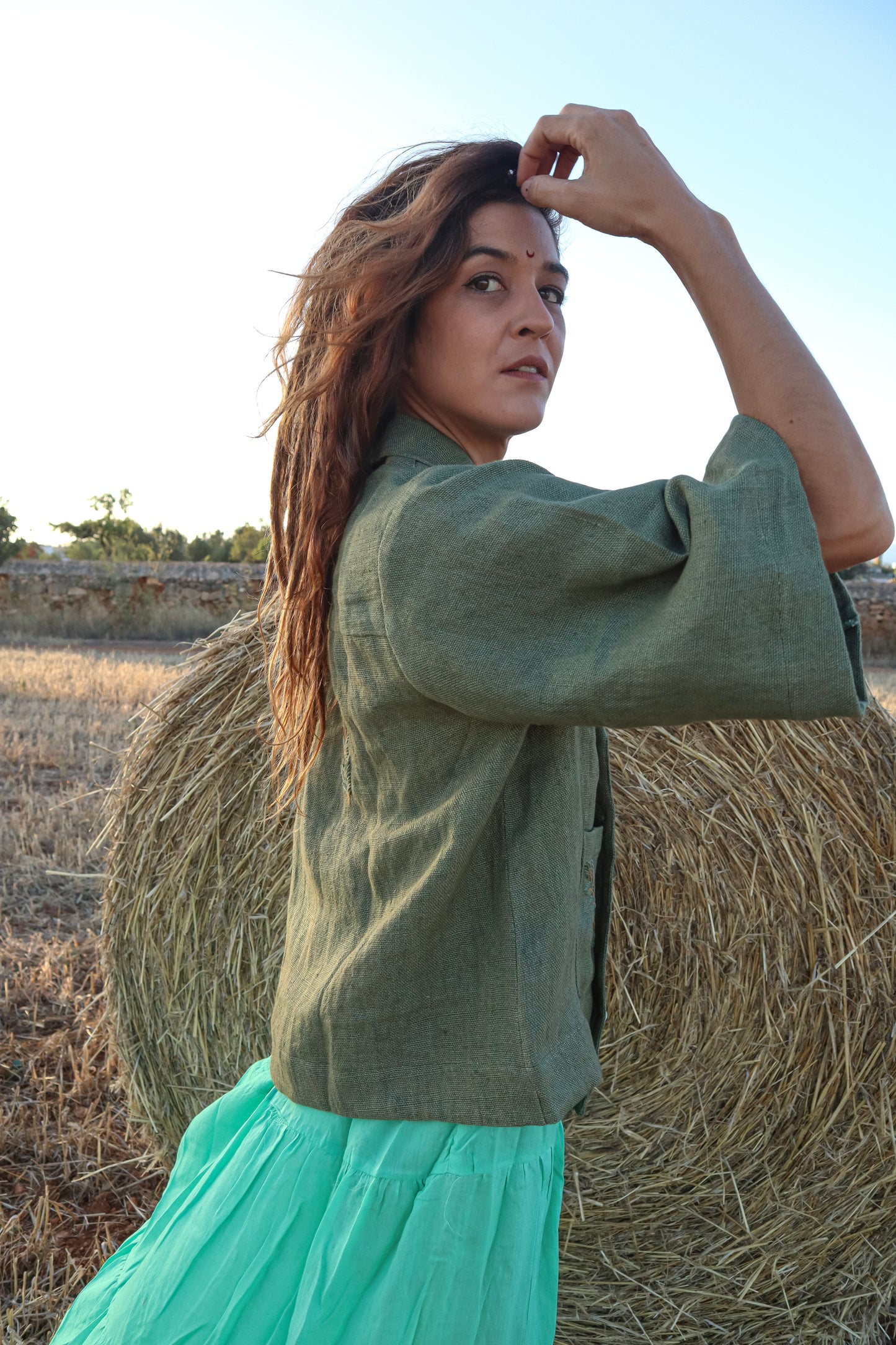 Chaqueta Lino con bordado Verde